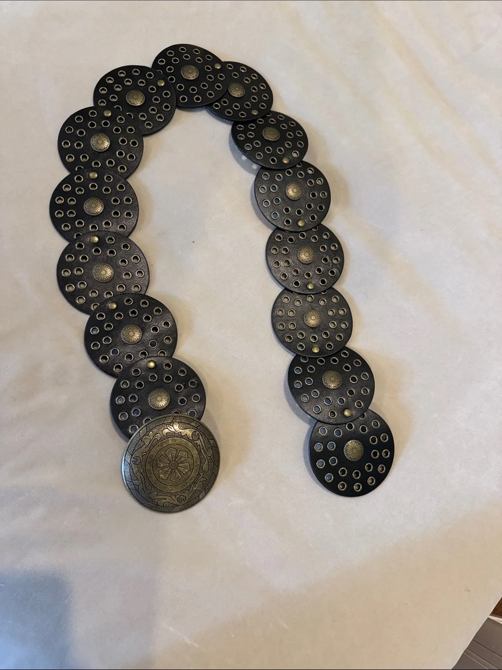 Amazon Black Leather Disc Waist Belt with Antique Gold Medallion Buckle